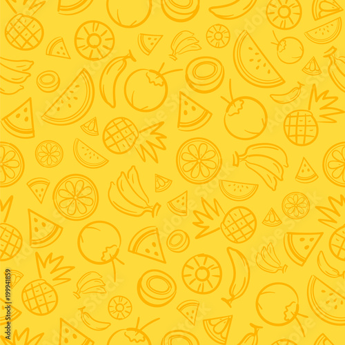 Sketch mixed tropical fruits seamless summer pattern background vector format