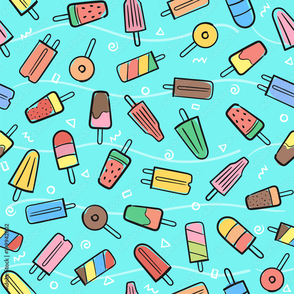 Cute seamless summer pattern with variety fruit ice cream background hand-drawn illustration seamless pattern background vector format Cute seamless summer pattern with variety fruit ice cream background hand-drawn illustration seamless pattern background vector format