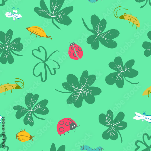 Background with clover leaves and insects. Seamless pattern with cute bugs, ladybirds, dragonfly, caterpillar.