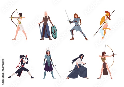Collection of female warriors from Scandinavian, Greek, Egyptian, Asian mythology and history. Set of women wearing armor and holding weapons isolated on white background. Cartoon vector illustration.