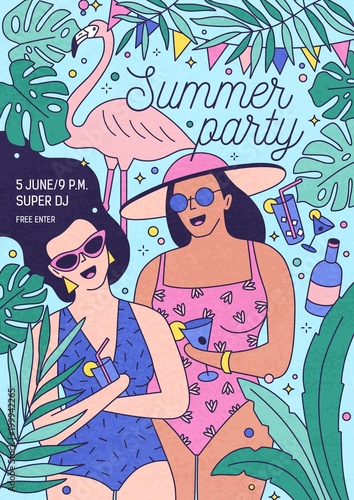 Flyer, invitation or poster template for summer party with happy women in swi...