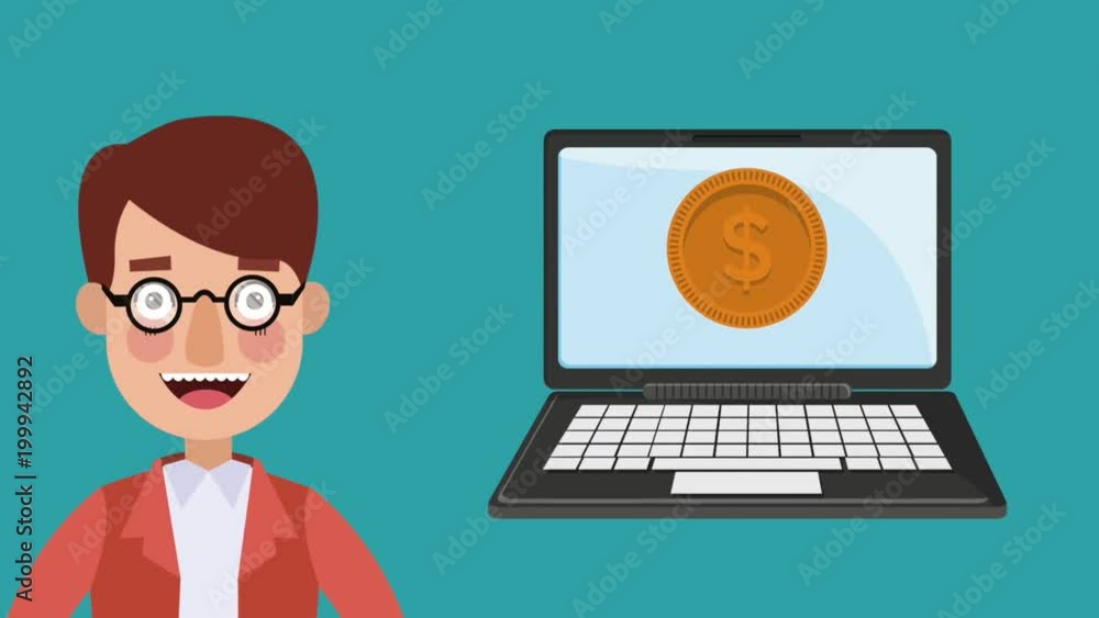 Young man making money from laptop with stock exchange High Definition colorful animation scenes Young man making money from laptop with stock exchange High Definition colorful animation scenes
