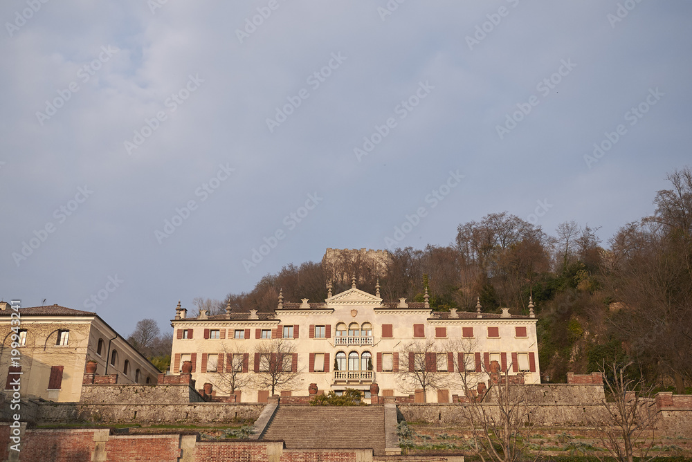Asolo, Italy - March 26, 2018 : View of Villa Scotti Pasini and the Rocca in the background