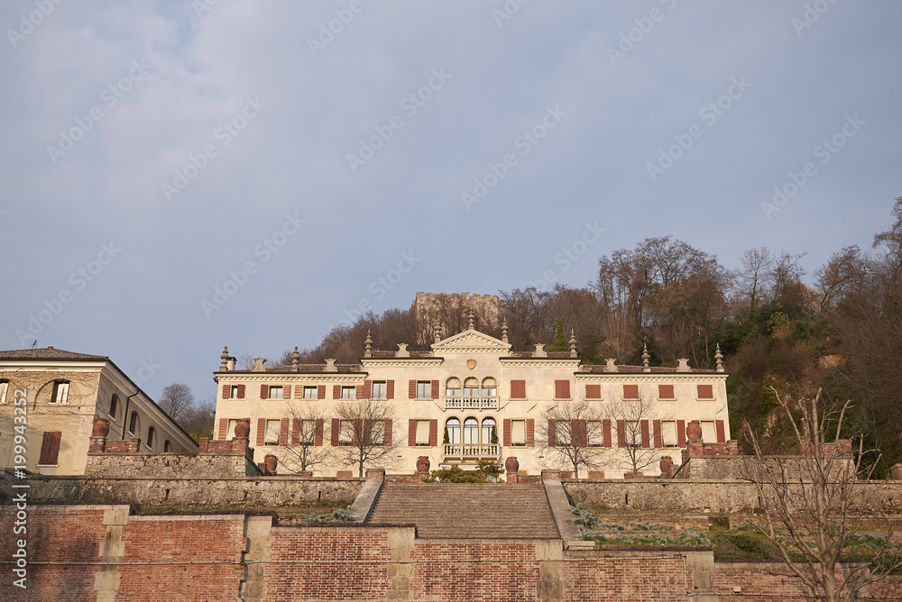 Asolo, Italy - March 26, 2018 : View of Villa Scotti Pasini and the Rocca in the background