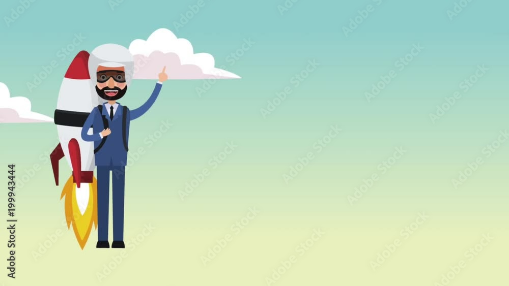 Businessman flying with jetpack at skyes High definition animation colorful scenes Businessman flying with jetpack at skyes High definition animation colorful scenes