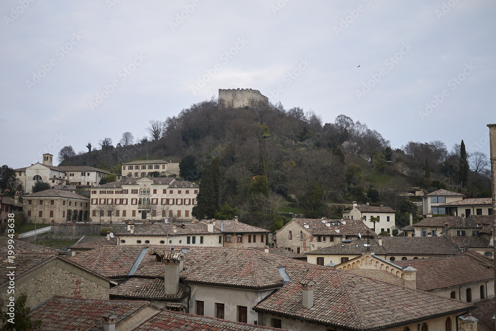 Asolo, Italy - March 26, 2018 : View of Asolo Rocca from Queen Cornaro castle