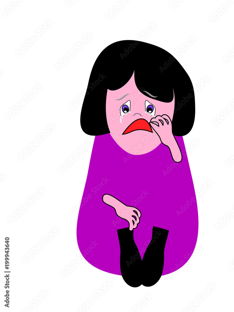Cartoon funny girl sits and cries, sobs, embracing her knees with one hand,  and the second