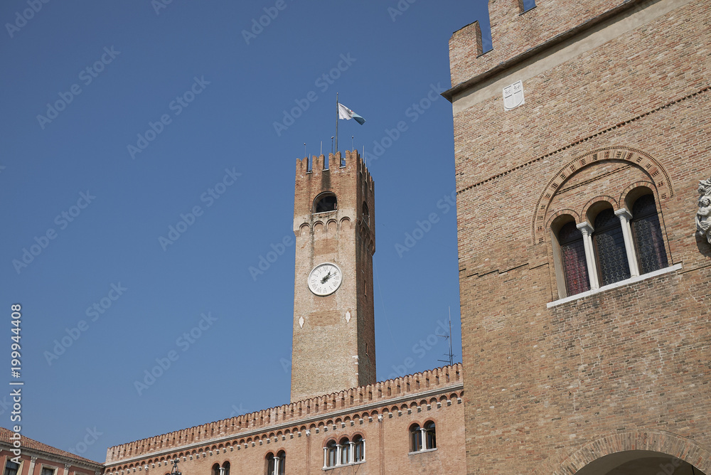 Treviso, Italy - March 26, 2018: View of Palazzo dei Trecento and Torre Civica