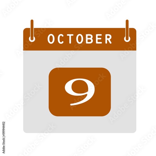 Calendar flat icon 9th of October. Vector illustration.