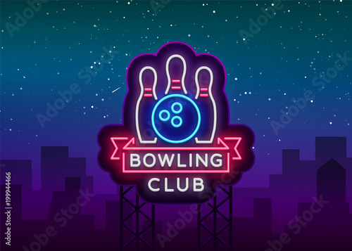 Bowling logo vector. Neon sign, symbol, bright banner advertising bright night bowling, luminous neon billboard. Design a template for the Bowling Club logo. Vector illustration