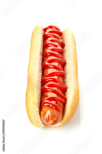Hot dog with grilled sausage and ketchup on white