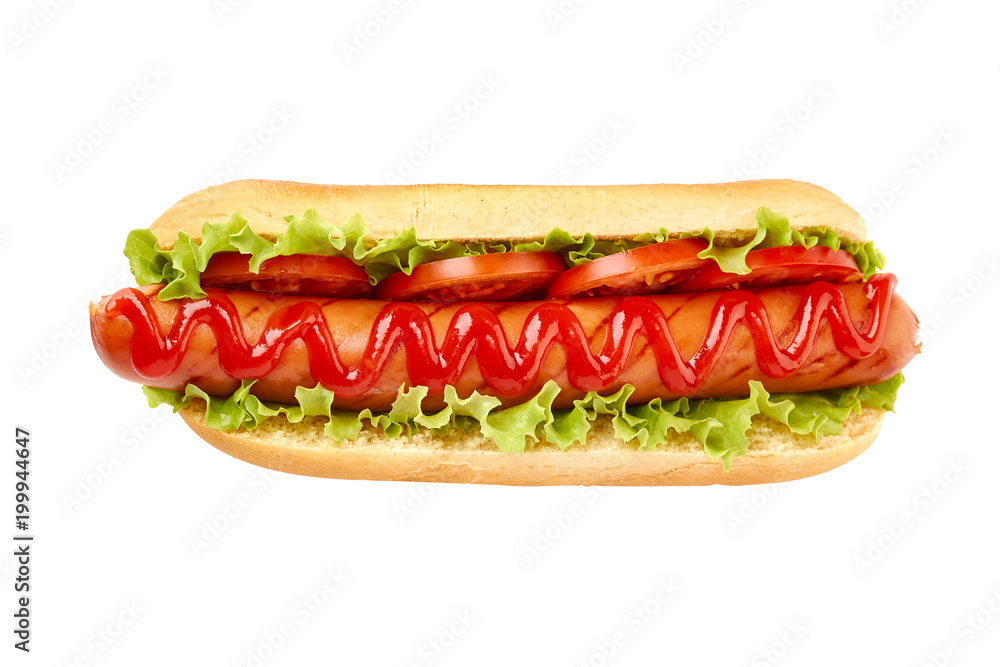 Hot dog with lettuce and tomato on white Hot dog with lettuce and tomato on white