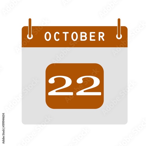 Calendar flat icon 22nd of October. Vector illustration.