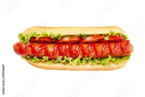Принти на полотні Hot dog with lettuce and tomato on white
