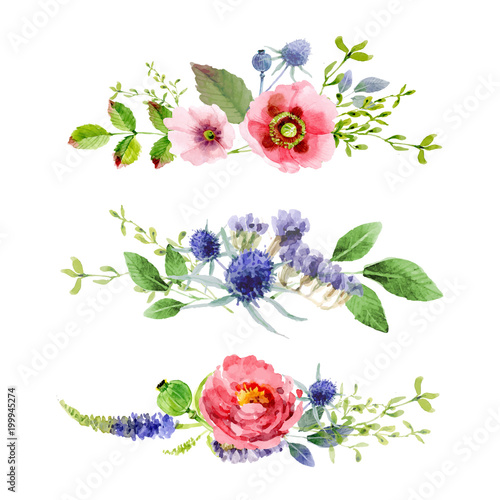 Fototapeta Naklejka Na Ścianę i Meble -  Lovely floral watercolor background border frame