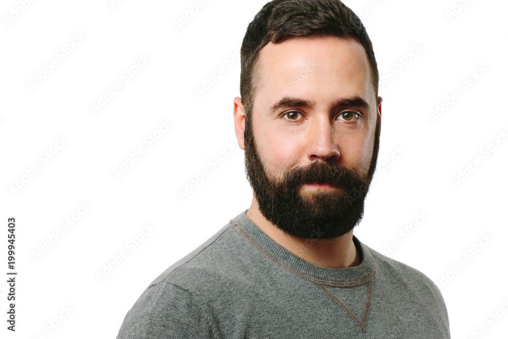 Obraz premium Portrait of a caucasian man with beard, isolated on white studio background