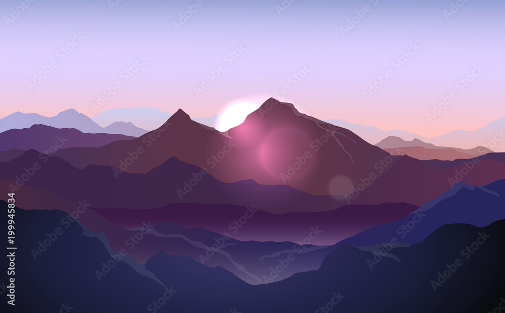 Fototapeten Lila Lila - Vektorpurpurne Landschaft mit Silhouetten von Bergen mit Sonnenlicht #199945834