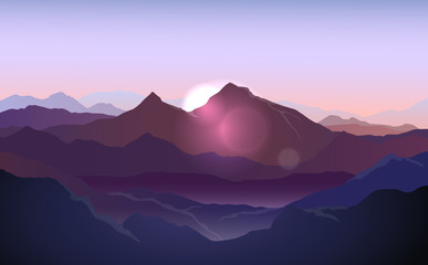 Papier peint photo Pourpre Vector purple landscape with silhouettes of mountains with sunlight  © Kateina