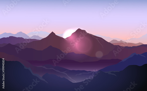 Vector purple landscape with silhouettes of mountains with sunlight