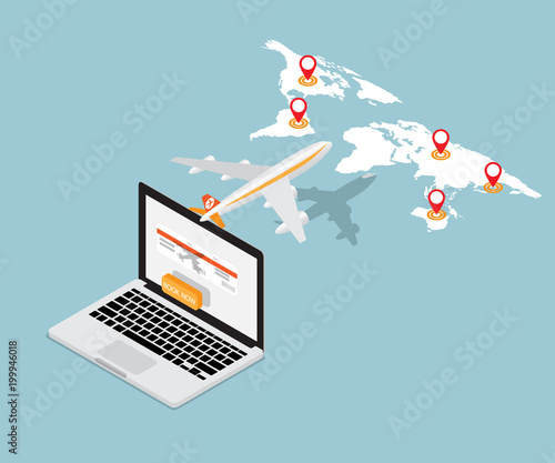 airplane ticket online booking on laptop vector isometric