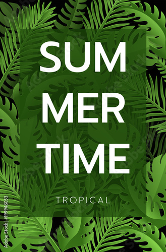 Hello Summer banner Tropical palm leaves background. Invitation or card design with jungle leaves. Vector illustration in trendy style.