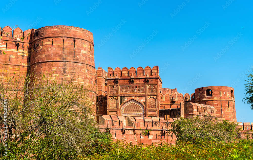 Defensive walls of Agra Fort. UNESCO heritage site in India