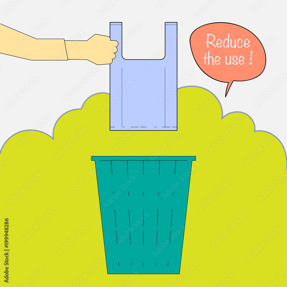 Hand disposing a plastic bag into the bin with text balloon. Reduce the use of plastic bag concept. Vector illustration. Hand disposing a plastic bag into the bin with text balloon. Reduce the use of plastic bag concept. Vector illustration.