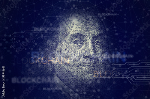 Benjamin franklin with blockchain. Cryptocurrency and traditional money on networking connection background photo