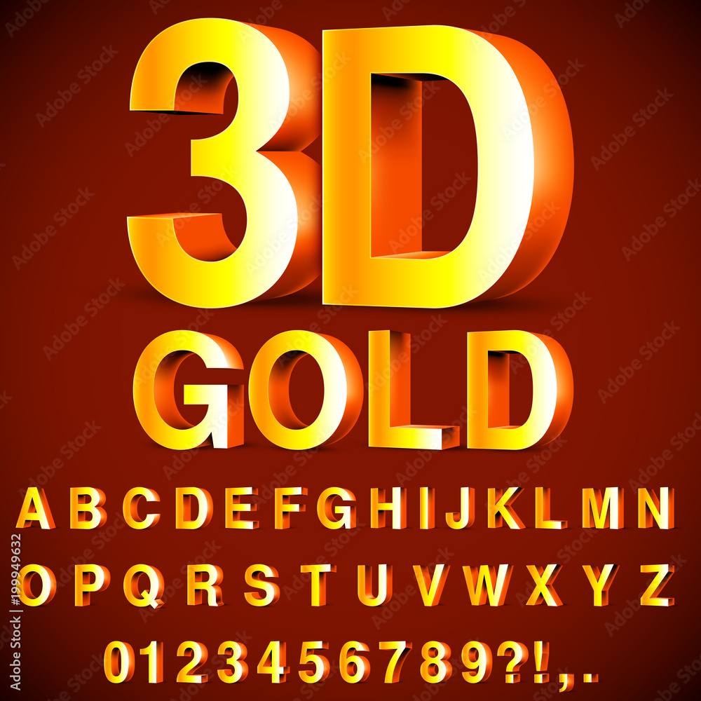 Golden 3D Alphabet and Numbers