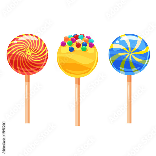 Set of colorful lollipops, sweet candies, vector illustration, cartoon style