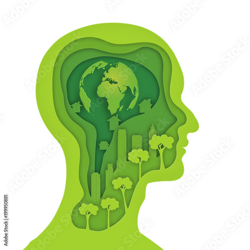 Layer of human head, Green trees, citys and world brain isolated on white background as business, science, ecology idea , paper carve art and craft style concept. vector illustration.