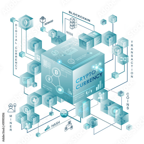 Cryptocurrency exchange on futuristic hud background with world map and blockchain peer to peer network. Global cryptocurrency exchange business banner concept.