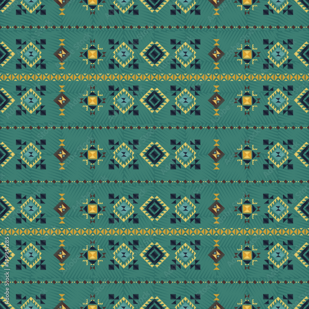 Geometric embroidery style. Ethnic seamless pattern. Abstract aztec background. Boho ornament vector.