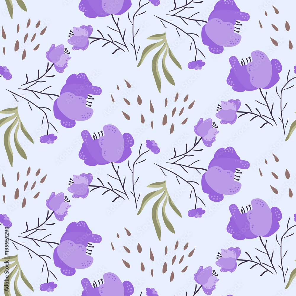 Bright summer seamless pattern with purple poppy flowers and leaves. Gentle  hand drawn violet floral texture for textile, wrapping paper, print design,  wallpaper, surface. Cute girls background Stock Vector | Adobe Stock