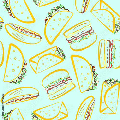 Seamless pattern with color outline fastfood dishes on blue. Cute cartoon fast food including hamburger, taco, burrito, hot dog texture for textile, background, wrapping paper, package