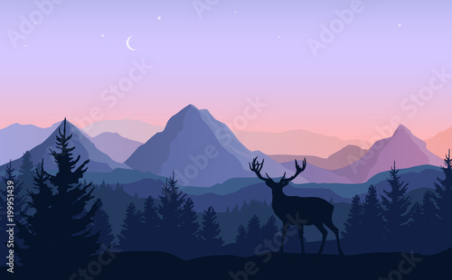 Vector evening landscape with blue and purple silhouettes of mountains  forest and standing deer