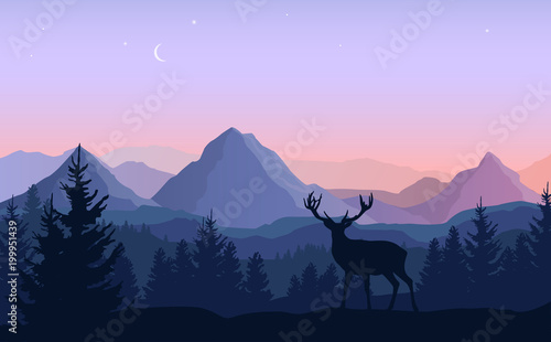 Vector evening landscape with blue and purple silhouettes of mountains, forest and standing deer