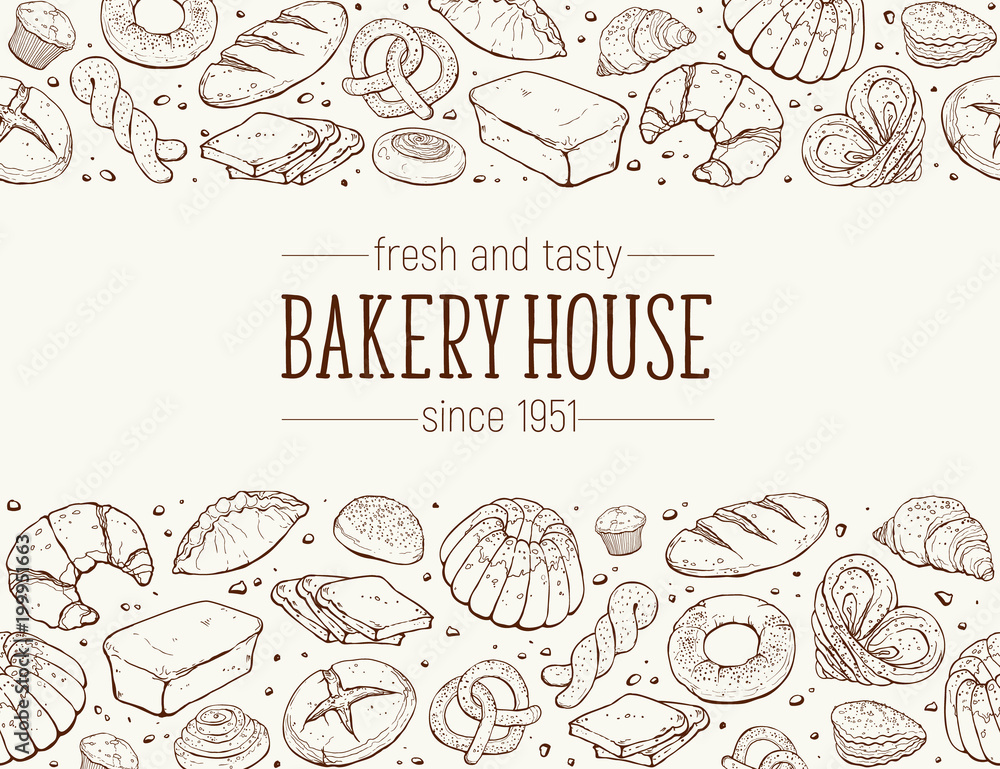 Bakery House. Horizontal border composition from hand drawn bread in sketch style. Vector illustration for bakery shops isolated. Fresh bread poster concept.