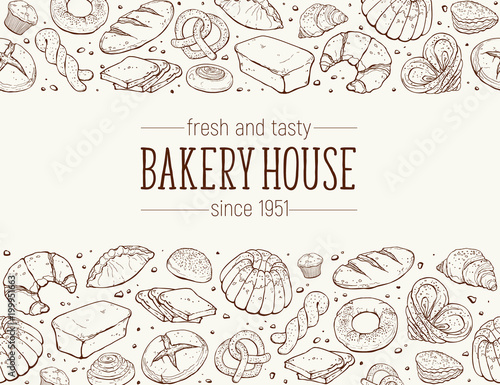 Bakery House. Horizontal border composition from hand drawn bread in sketch style. Vector illustration for bakery shops isolated. Fresh bread poster concept.