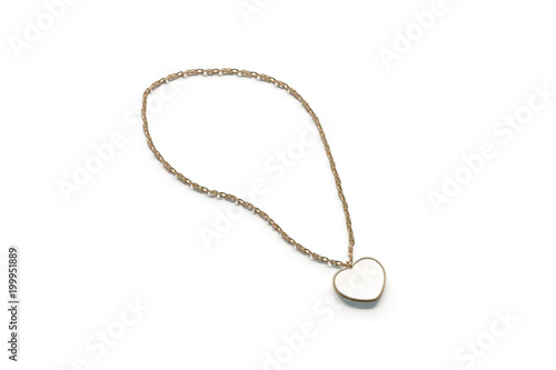Blank white golden pendant heart mockup isolated, side view 3d rendering. Empty gold pendent mock up on chain, love symbol. Clear metal label.