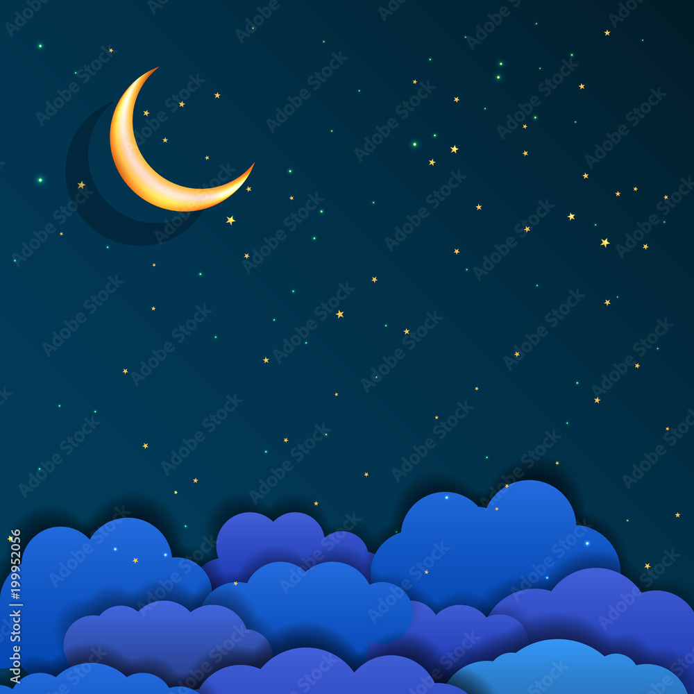 Midnight landscape with moon, stars, and cloud. Vintage midnight landscape. Cloud, moon and stars in midnight. Night sky.
