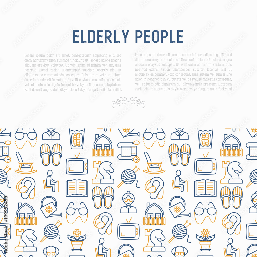Elderly people concept with thin line icons: grandmother, grandfather, glasses, slippers, knitting, rocking chair, hearing aid, flowers, reading, false jaw, chess. Modern vector illustration. Elderly people concept with thin line icons: grandmother, grandfather, glasses, slippers, knitting, rocking chair, hearing aid, flowers, reading, false jaw, chess. Modern vector illustration.