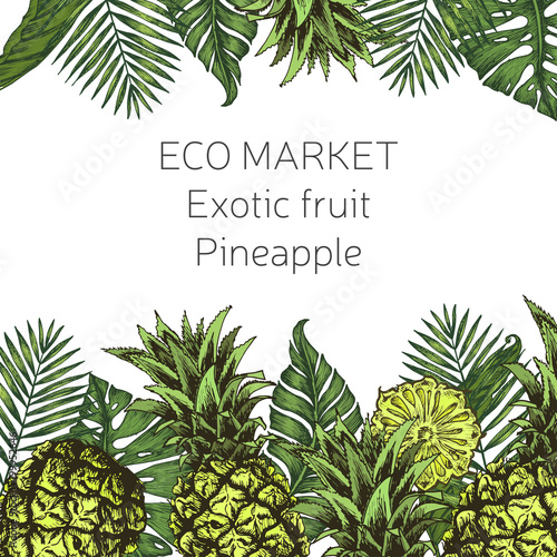 Card for eco store with a vector illustration of pineapples and palm leaves.