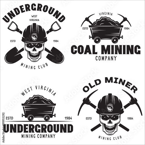 Set of mining or construction logos, badges, emblems and labels in vintage style. Monochrome Graphic Art. Vector Illustration.
