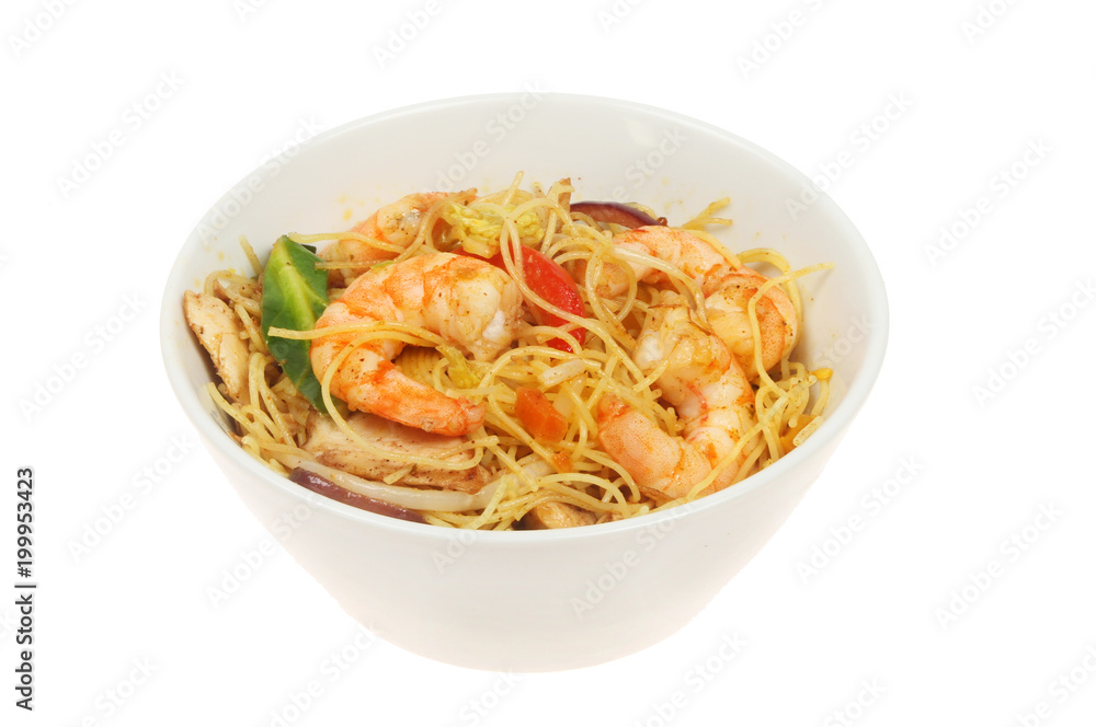 Prawns and noodles in a bowl