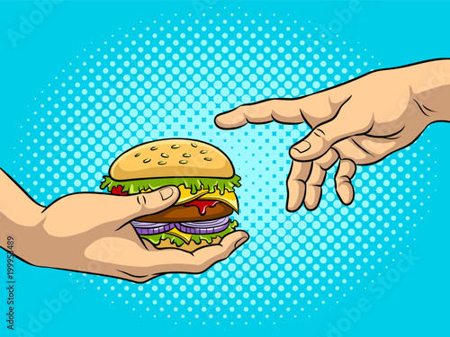 Hands with burger pop art vector illustration