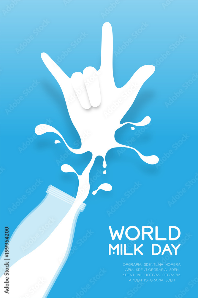 Fototapeta premium Milk splash I Love You hand sign language shape from bottle, World Milk Day concept flat design illustration isolated on blue gradient background with copy space, vector eps 10