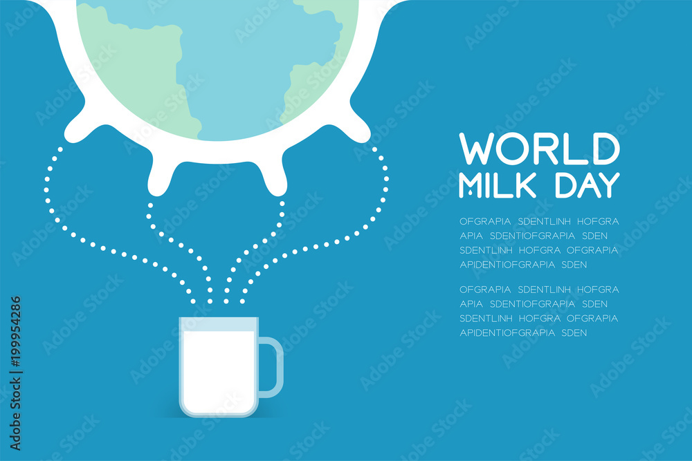 World Breast cow with milk in glass, World Milk Day concept flat design illustration isolated on blue background with copy space, vector eps 10 - obrazy, fototapety, plakaty 