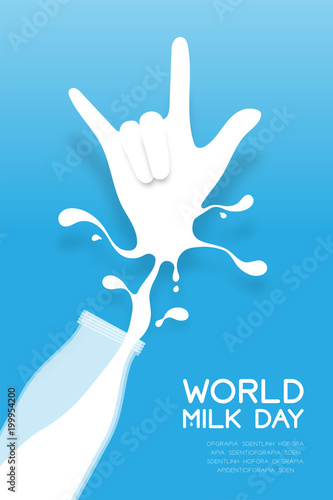 Milk splash I Love You hand sign language shape from bottle, World Milk Day concept flat design illustration isolated on blue gradient background with copy space, vector eps 10
