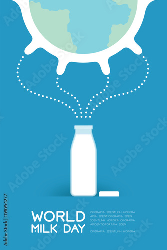 World Breast cow with milk in bottle, World Milk Day concept flat design illustration isolated on blue background with copy space, vector eps 10